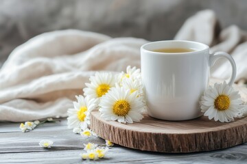 Chrysanthemum tea served in a mug on a wooden plate promoting health and wellness