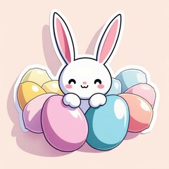 Fototapeta premium peeking bunny heads from under pastel colored eggs on a pastel background