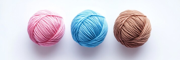 Pink Brown Blue Yarn Balls for Knitting Crocheting, Top View with Copy Space on White Background. Vector Illustration.