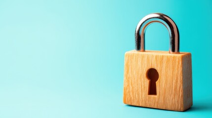 Wooden Padlock with Metal Shackle Against Turquoise Background