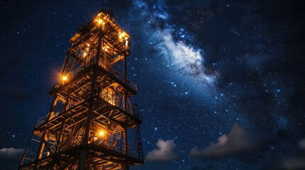 Tower Structure Under Starry Night Sky with Bright Celestial Display