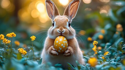 Fototapeta premium create realistic phtoto style easter day card flat design of rabbit hold easter egg on hand at the center of frame