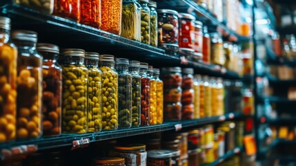 Fototapeta premium Colorful Jars of Preserved Foods on Market Shelves