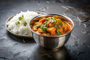 Silhouette Curry in metal bowl with rice on dark surface