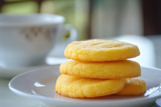 Classic Brazilian corn starch cookie known as biscoito de maizena a popular treat for afternoon coffee or tea served on a white plate