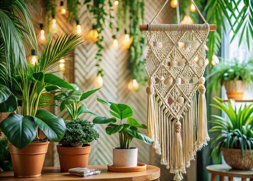Boho Desktop Wallpaper: Macrame, Plants, & Geometric Patterns - High-Resolution Images
