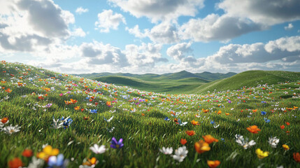 Serene Spring Meadow Rolling Hills of Wildflowers under a Sunny Sky