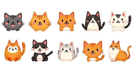 Fototapeta premium Cute Cartoon Cat Illustrations Set Featuring Adorable Kawaii Style Feline Characters, Perfect for Children's Designs and Animal Lovers.