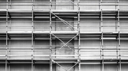 Scaffolding Structure Against Urban Building Facade in Black and White