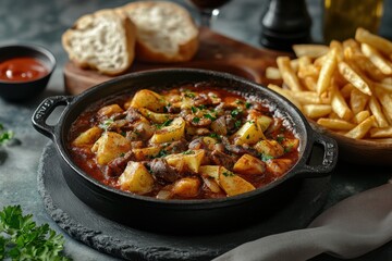 Classic homemade callos a la madrileña served with bread and fries Spanish cuisine idea