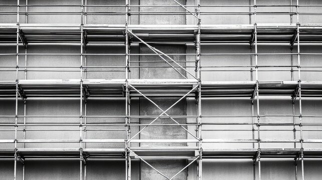Scaffolding Structure Against Urban Building Facade in Black and White