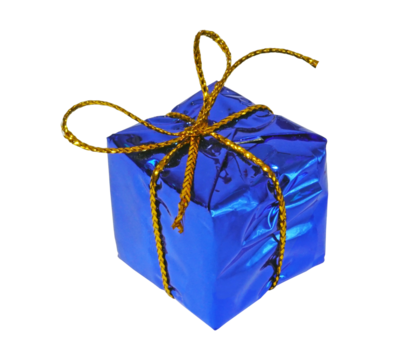 Blue Gift box with golden ribbon and bow on transparent background