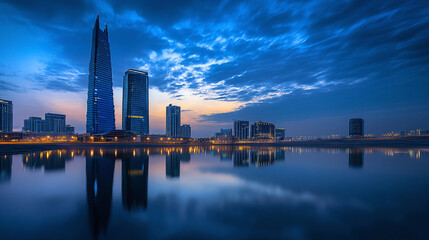 Fototapeta premium Breathtaking Twilight Skyline Reflection over Calm City Lake