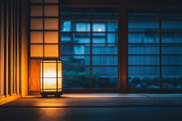 Classic Japanese residence or ryokan featuring shoji doors tatami flooring and nighttime illumination