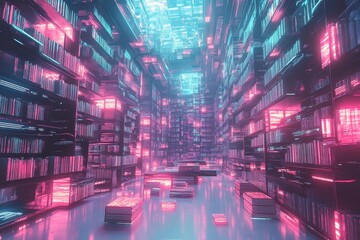 Fototapeta premium A futuristic library filled with glowing books and vibrant lighting.