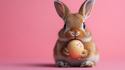create realistic phtoto style easter day card flat design of rabbit hold easter egg on hand at the center of frame