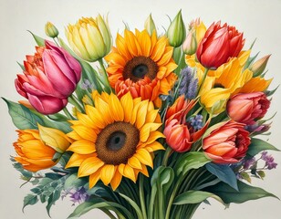 Watercolor bouquet of seasonal flowers: spring tulips, summer sunflowers, etc on white with copy space