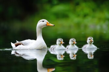 Fototapeta premium A serene scene of a mother duck swimming with her ducklings in calm waters surrounded by lush greenery.
