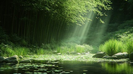 Obraz premium Lush green bamboo forest with sunlight streaming through the trees over a tranquil stream.
