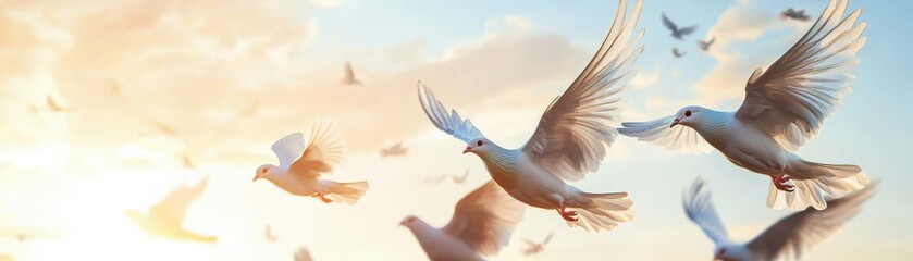 Obraz premium A serene scene of birds soaring in the sky during sunset, capturing the essence of freedom and nature's beauty.