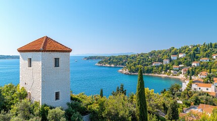 Naklejka premium Quaint Coastal Tower with Red Tiled Roof
