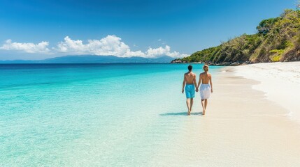 A couple walks hand in hand along a serene beach, enjoying the clear blue water and sunshine on a perfect day.