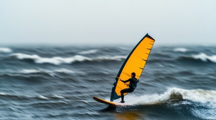 A dynamic windsurfer expertly navigating the ocean waves under a vibrant yellow sail, showcasing the thrill of water sports.