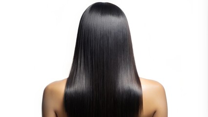 Back View of Woman with Beautiful Shiny Straight Keratin Black Hair. AI generative. Isolated on White Background
