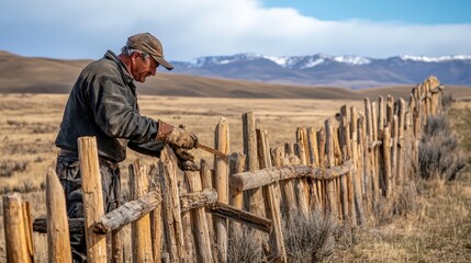 Craftsman Building Wooden Fence in Rural Landscape