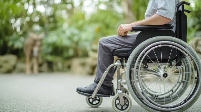 A person in a wheelchair enjoys nature, surrounded by greenery, highlighting mobility and accessibility in a serene environment.