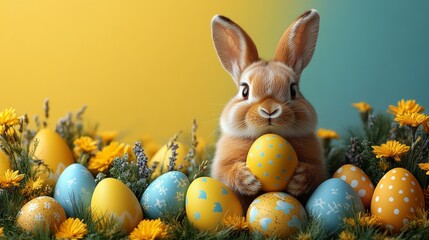 create realistic phtoto style easter day card flat design of rabbit hold easter egg on hand at the center of frame