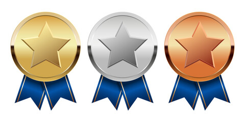 Golden silver and bronze award medal with blue ribbons and star for sport and games