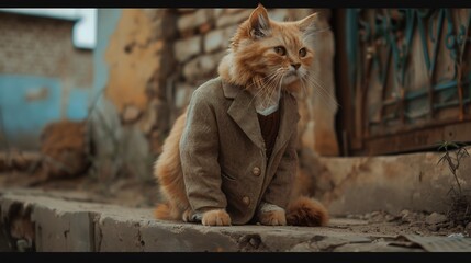 A ginger cat in a small jacket sits on a stone step outdoors.
