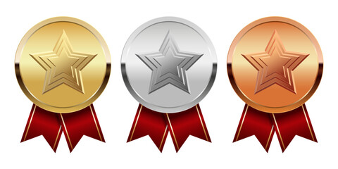 Golden silver and bronze award medal with red ribbons and star for sport and games