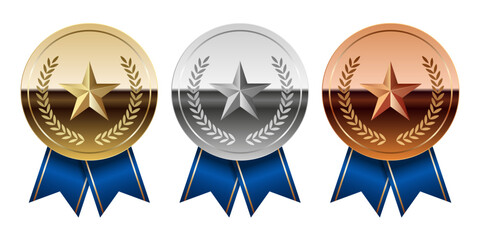 Golden silver and bronze glossy mirror medal with blue ribbons and star for sport and games