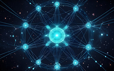A circular network of glowing nodes, interconnected by radiant threads in a cosmic setting