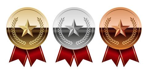 Golden silver and bronze glossy mirror medal with red ribbons and star for sport and games