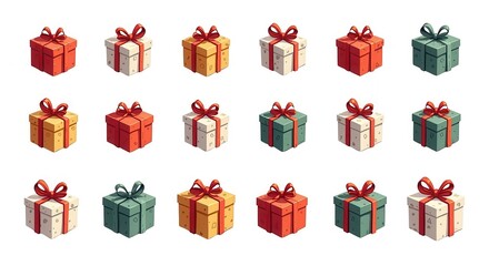 Colorful Gift Boxes Illustration Collection with Festive Decorated Presents, Red Bows, Perfect for Holiday Celebrations and Special Occasions