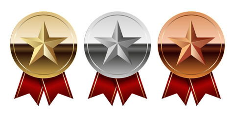 Golden silver and bronze glossy mirror medal with red ribbons and star for sport and games