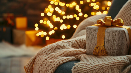 Cozy Christmas scene featuring beautifully wrapped gift on soft blanket, with festive tree adorned with warm lights in background, evoking sense of holiday joy