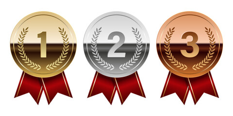 Golden silver and bronze glossy mirror medal with red ribbons for sport and games