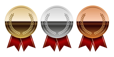 Golden silver and bronze glossy mirror medal with red ribbons for sport and games