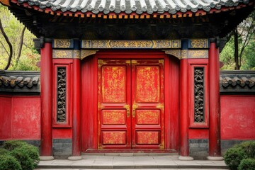 Crimson timber entrance traditional Chinese garden design