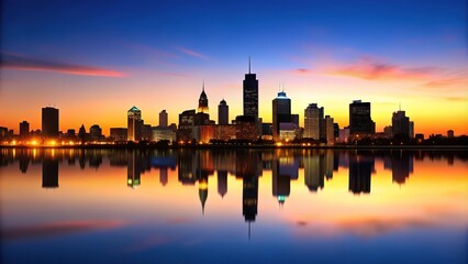 Obraz premium Silhouette Montreal skyline at dusk reflecting in water