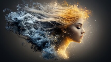 A tiny air spirit, transparent and glowing with golden and blue hues, surrounded by swirling winds and sparkling elements, creating a whimsical fantasy vibe. Ultra-Realistic, Photo Realistic, 
