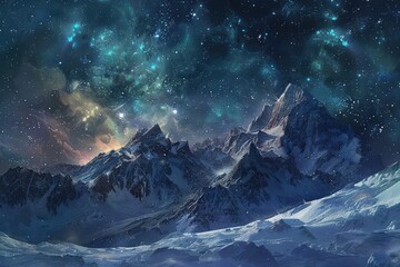 the night sky over a snowy mountains