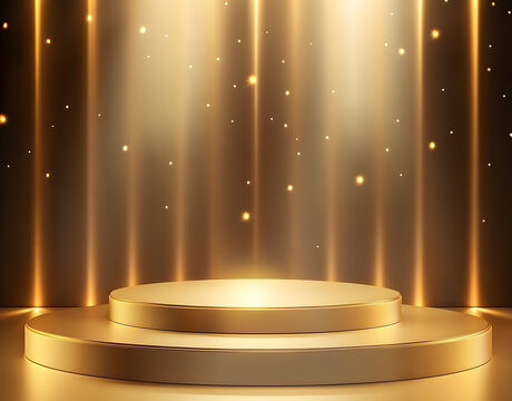 Gold background podium award stage light golden win 3D platform. Background luxury gold podium winner ceremony spotlight star abstract shine prize champion design victory show product template