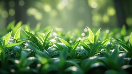 Obraz premium Lush green plants illuminated by sunlight in a forest.
