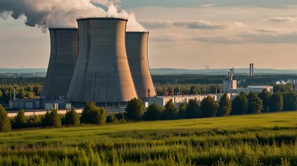 View on cooling towers of nuclear power plant thermal power station in which heat source is nuclear reactor, cheap energy source
