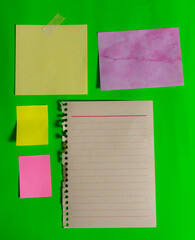 Different blank note papers of different sizes, colors and shapes on a green surface.